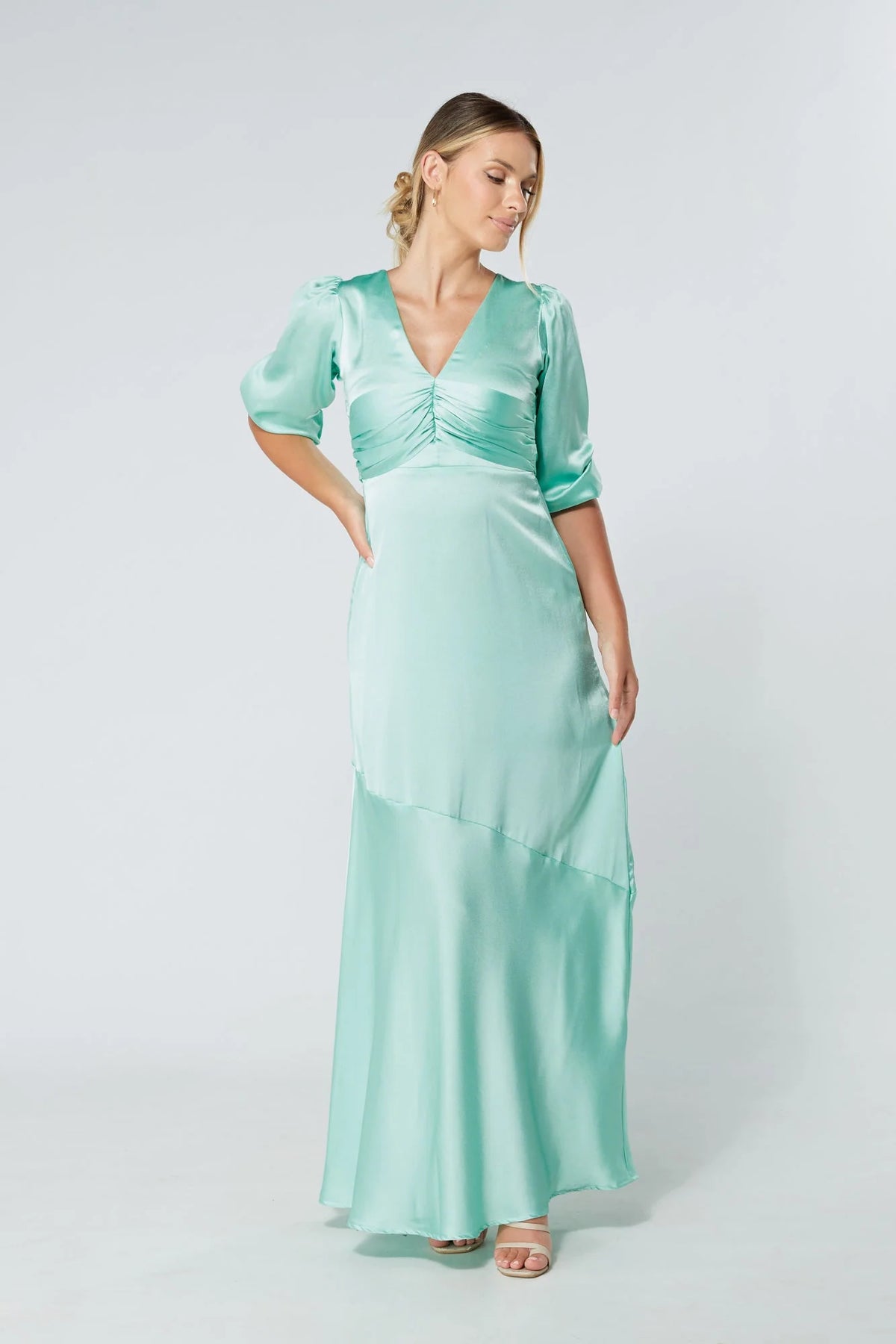 Naomi Aqua Satin Maxi Dress