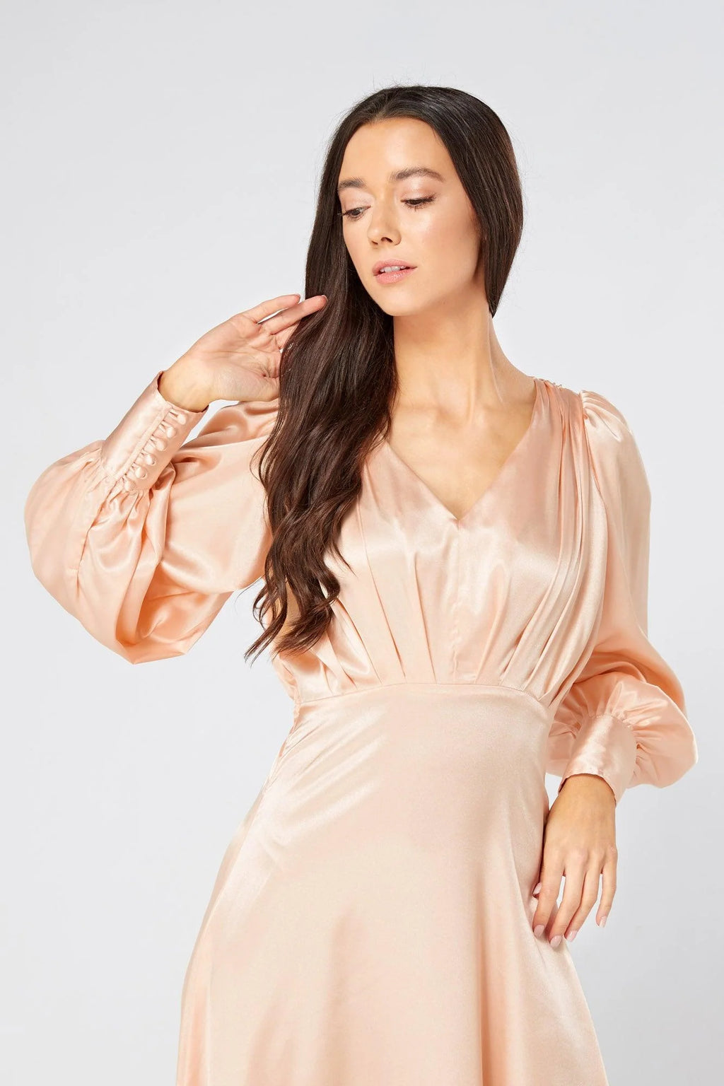 Daphne Peach Cream Satin Maxi Gown with long sleeves