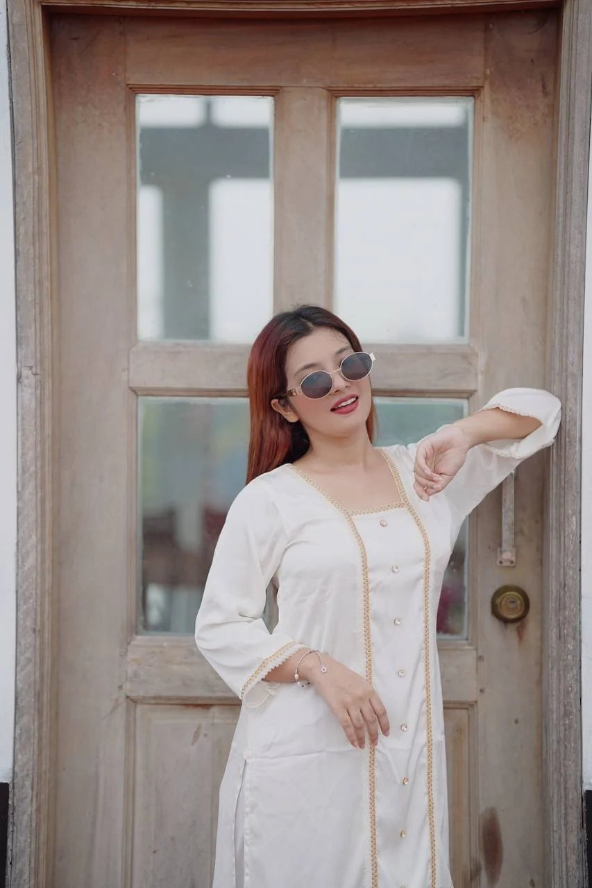 Safa Off White Golden Premium Satin Kameez