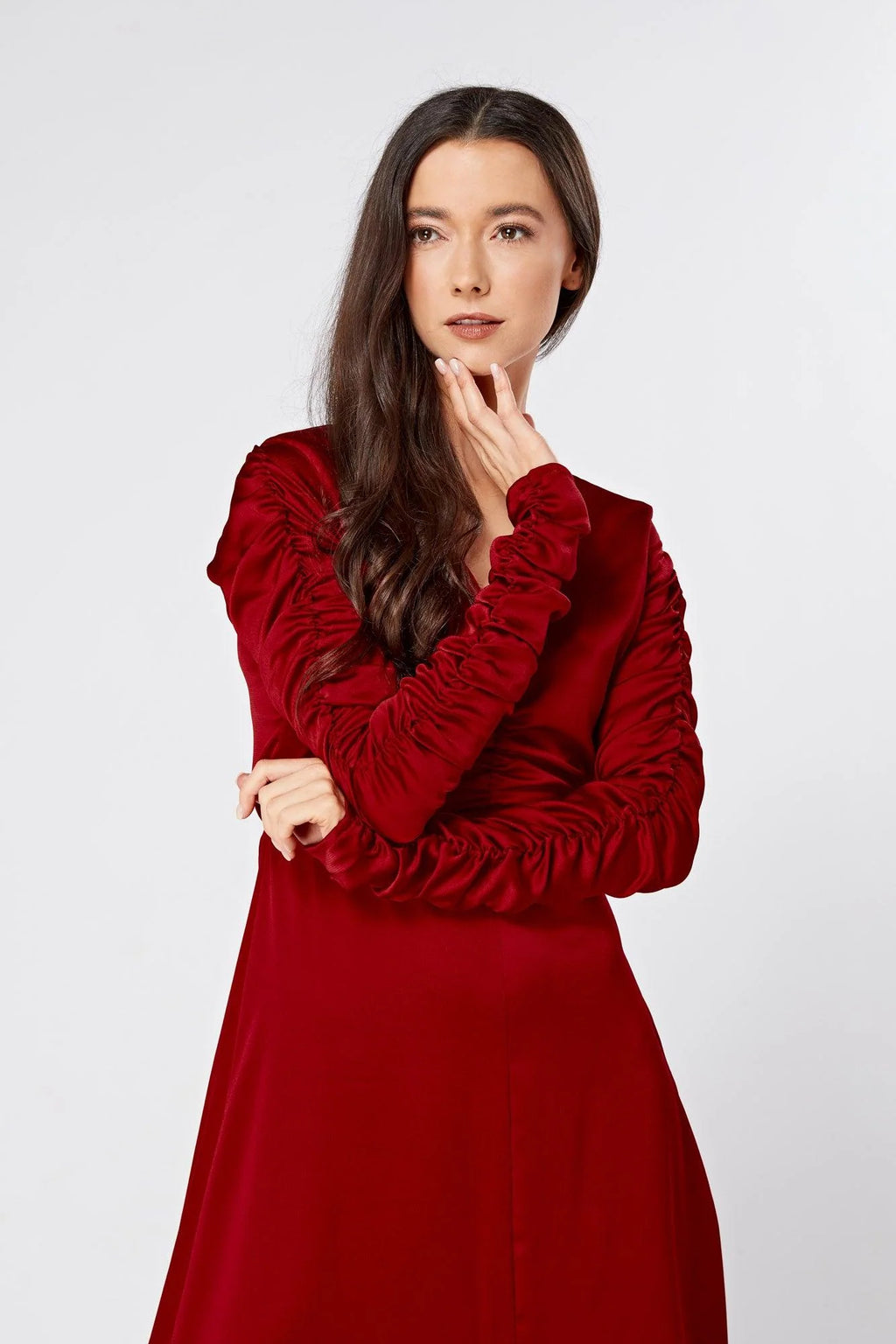 Ella Red Crepe Maxi Dress With Ruched Detail