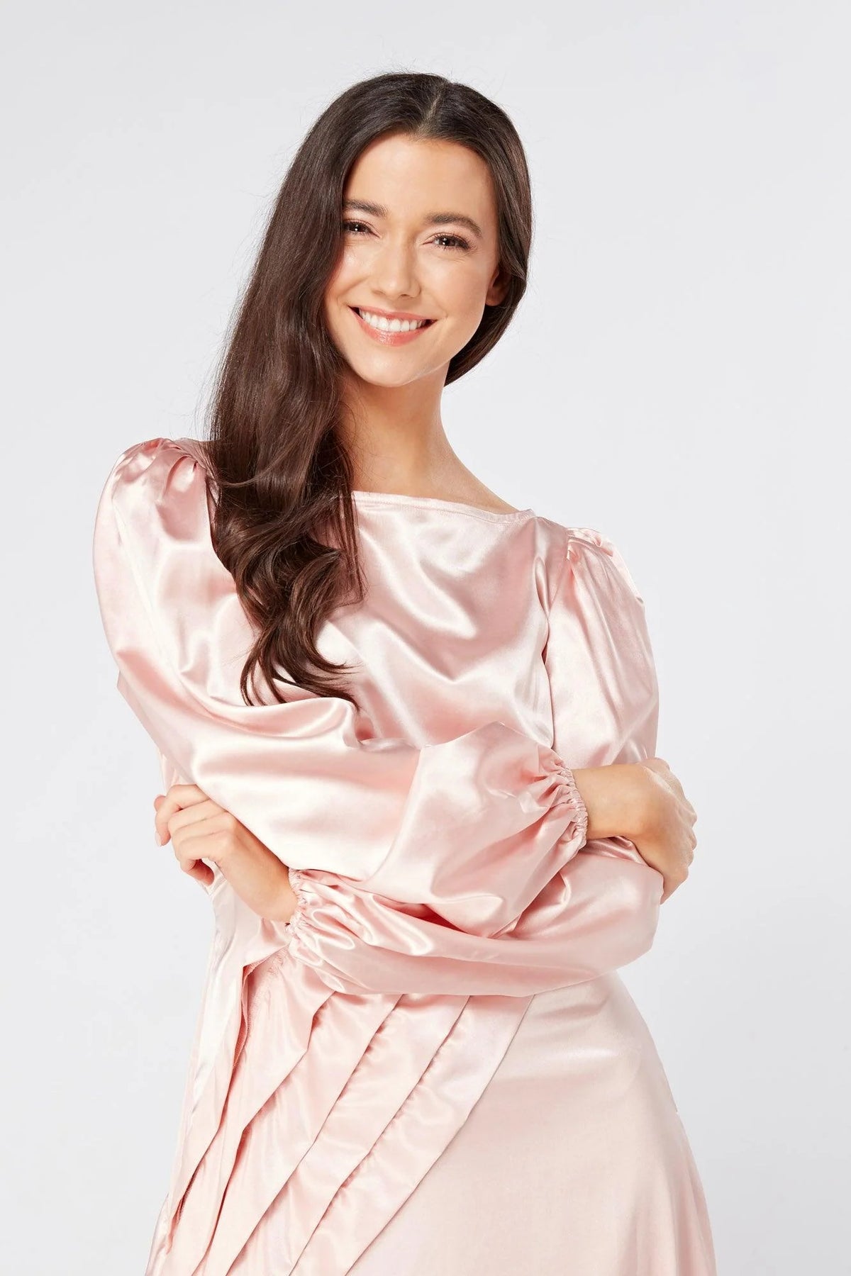 Seraphina Pink Satin Maxi Dress With Long Sleeves