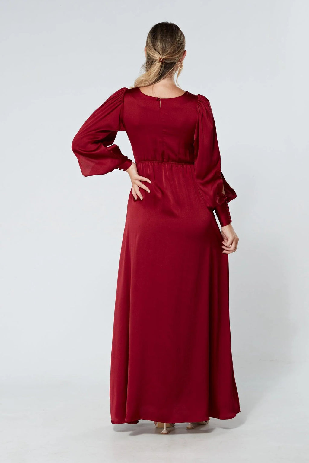 Lila Deep Red Knotted Front Soft Crepe Maxi Dress