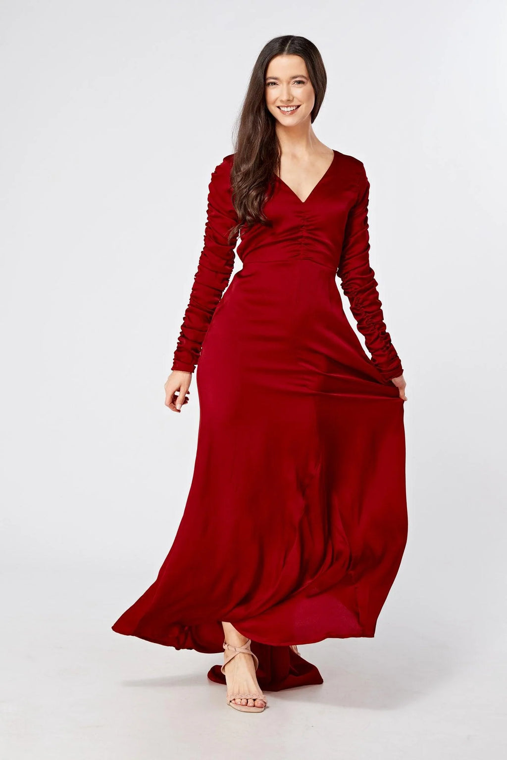 Ella Red Crepe Maxi Dress With Ruched Detail