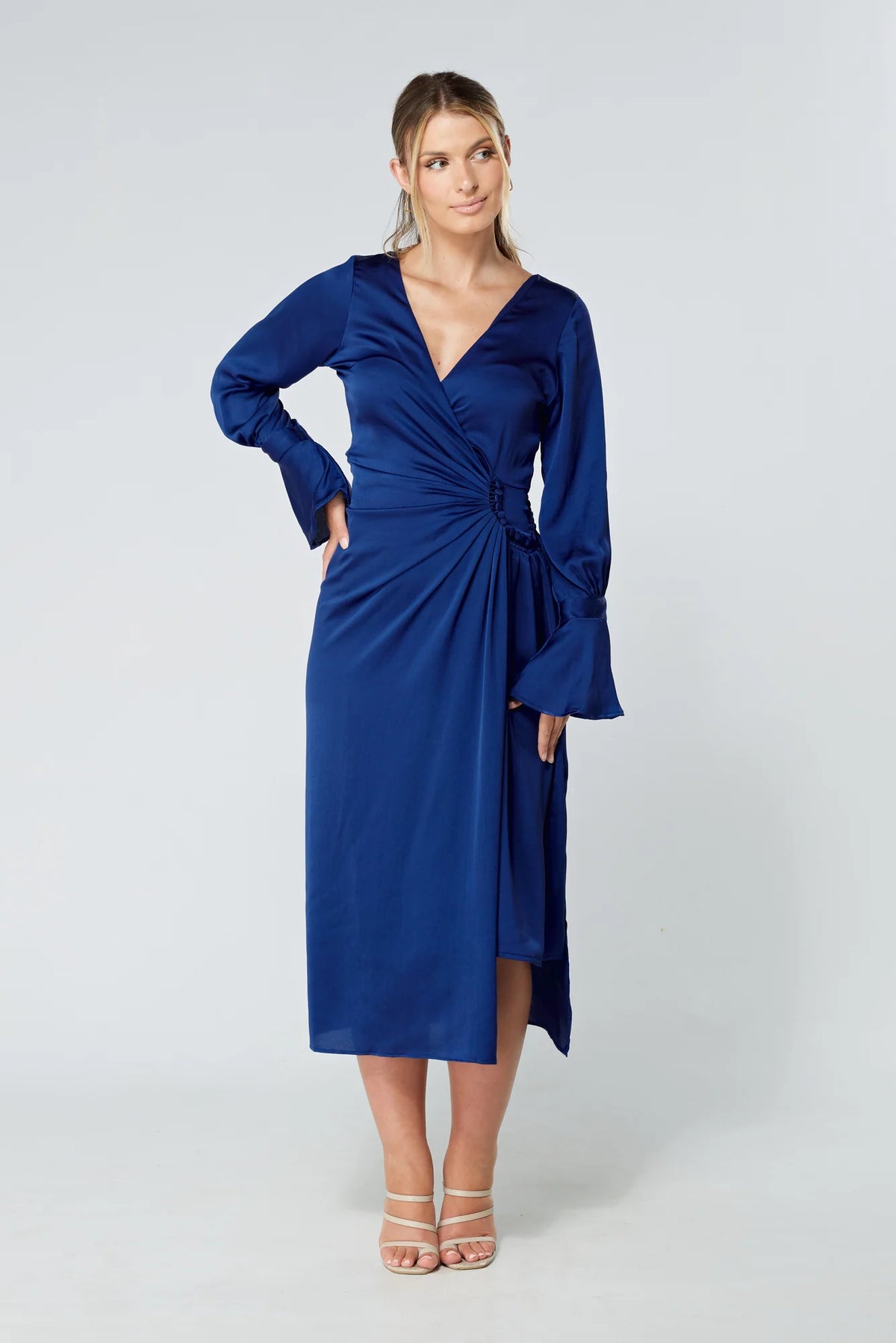 Aniya wrap midi dress with button design