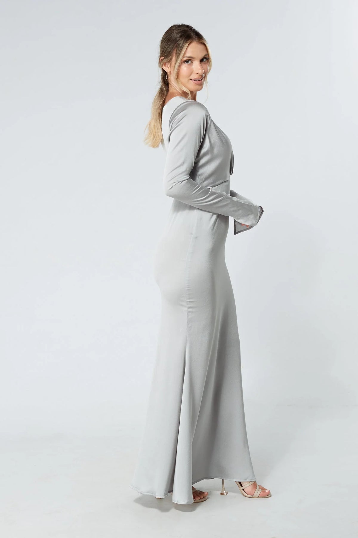 Alessandra Silver Satin Crepe Maxi Dress