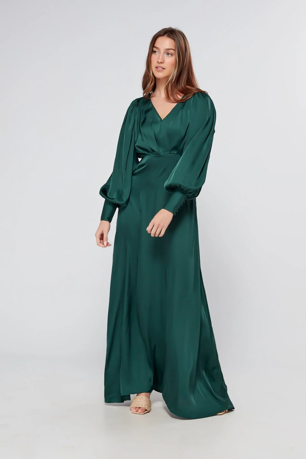 Layla Emerald Green Satin Maxi Dress With Long Sleeves