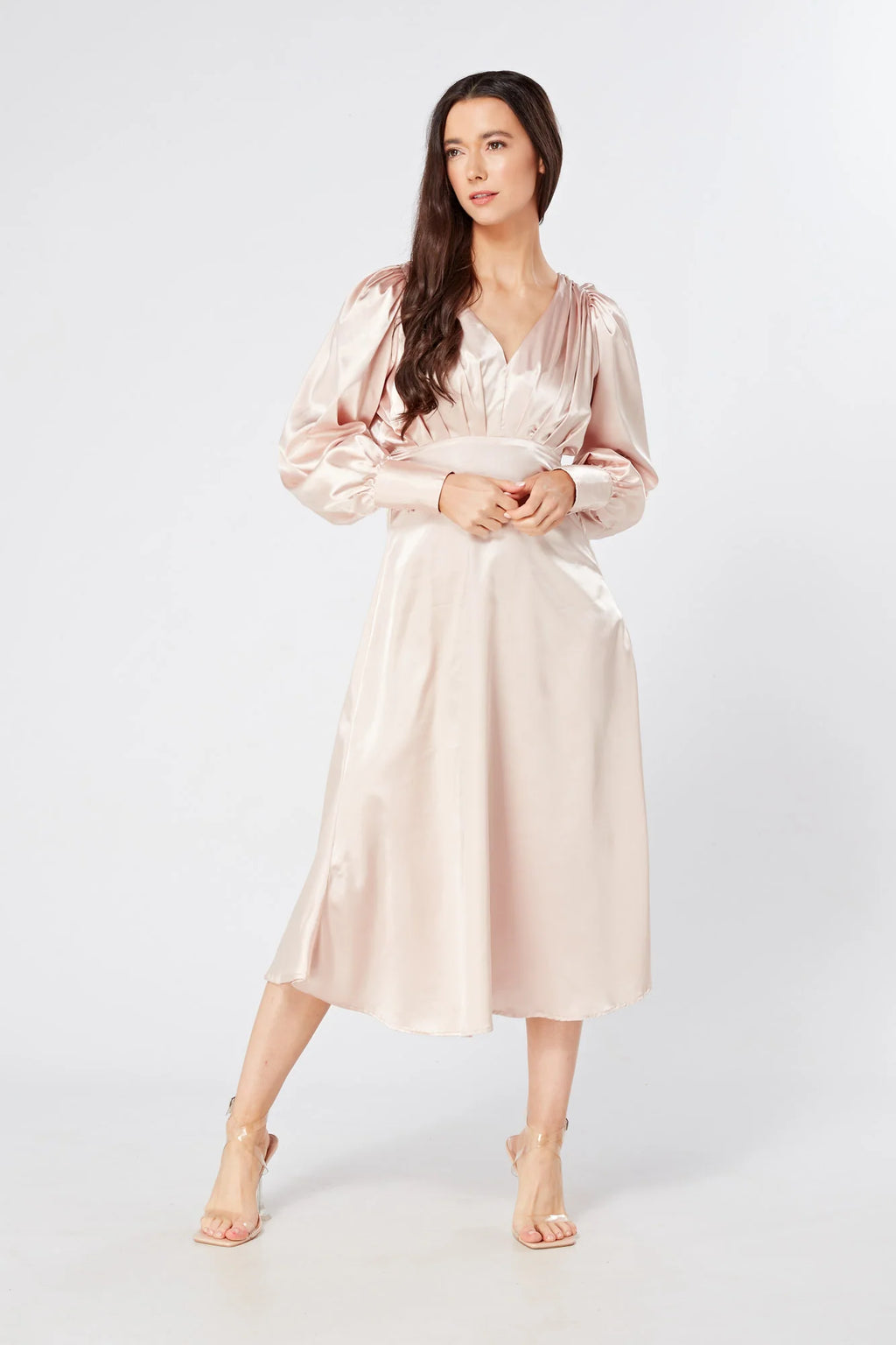 Rosetta Rose Satin Midi Dress With Long Sleeves