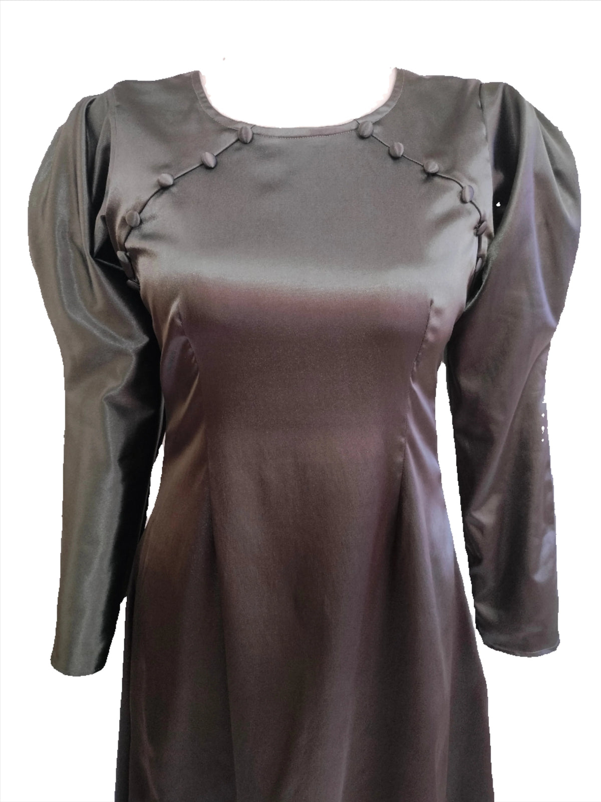 Gloria Deep Olive Satin Flower Sleeve Midi Dress