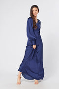 Afina Dark Blue Satin Maxi Dress With Long Sleeves