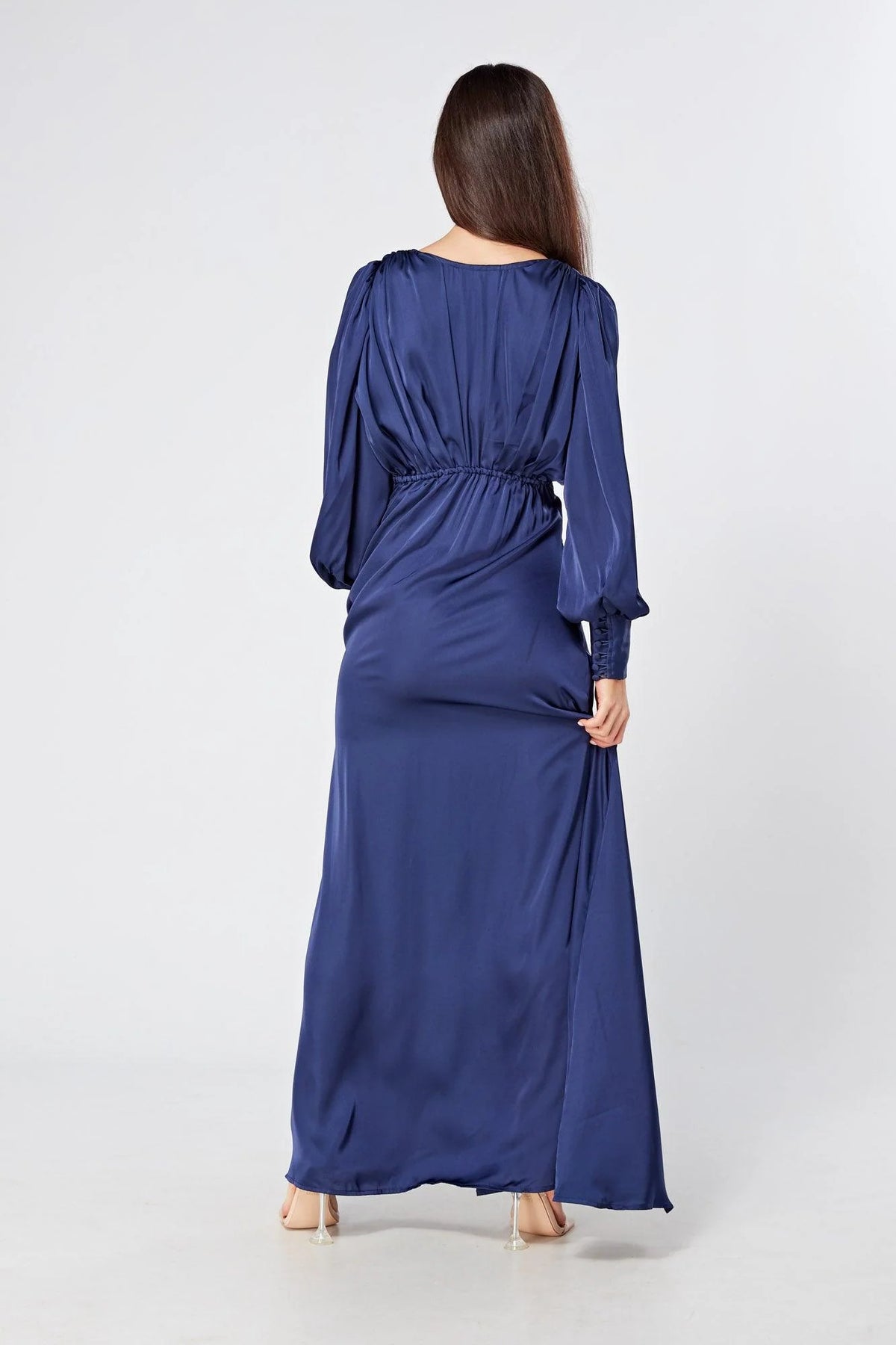 Afina Dark Blue Satin Maxi Dress With Long Sleeves