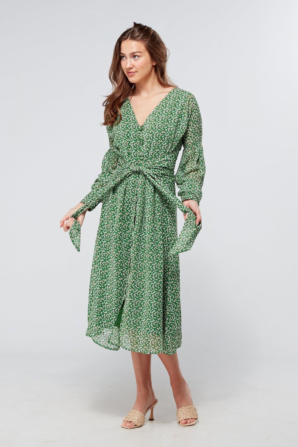Sofia Green Midi Dress With Belted Front