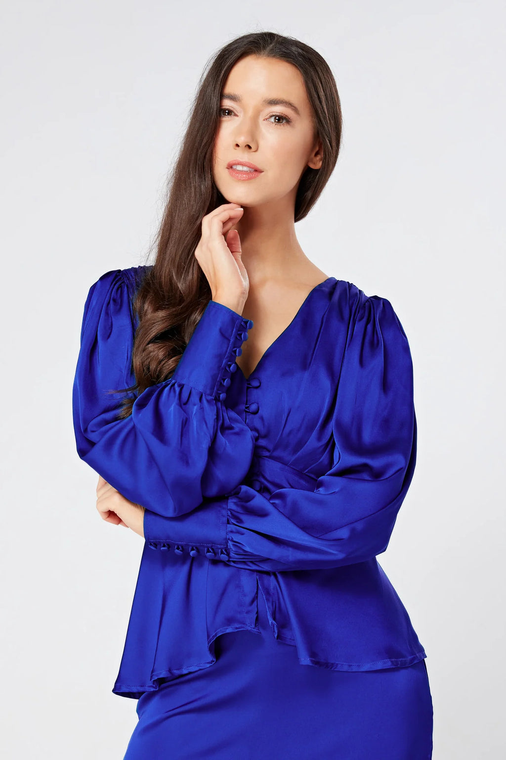 Elisa Cobalt Blue Crepe Satin Buttoned Blouse