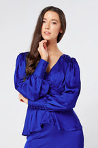 Elisa Cobalt Blue Crepe Satin Buttoned Blouse