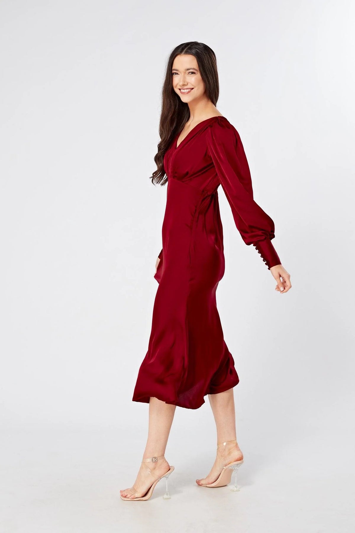 Nora Deep Red Satin Midi Dress