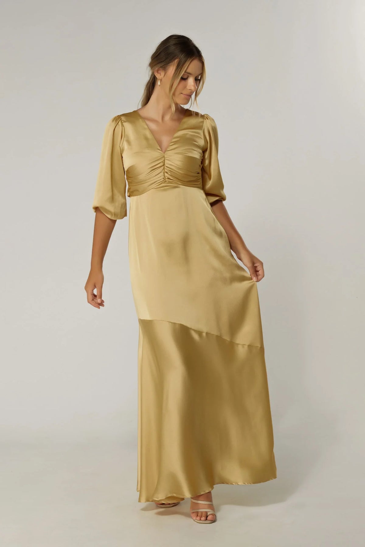 Naomi Light Gold Satin Maxi Dress