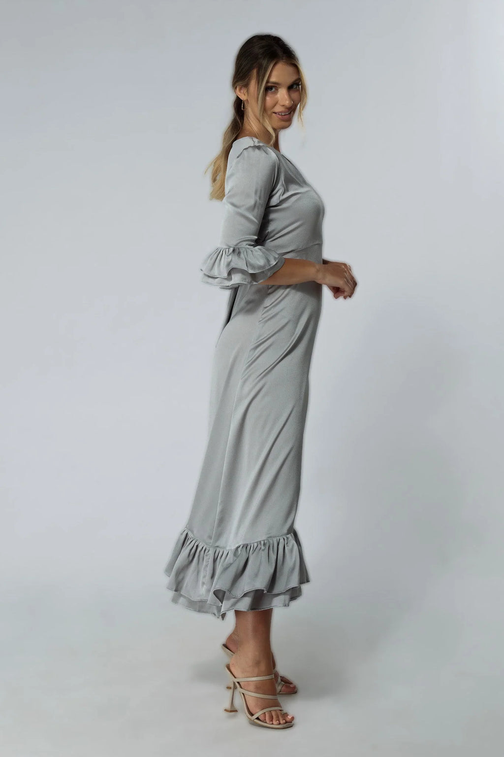 Francesca Satin Silver Midaxi Dress