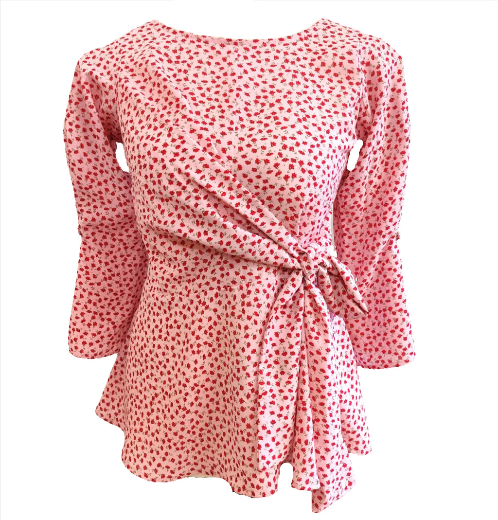 Bella pink floral front knotted top