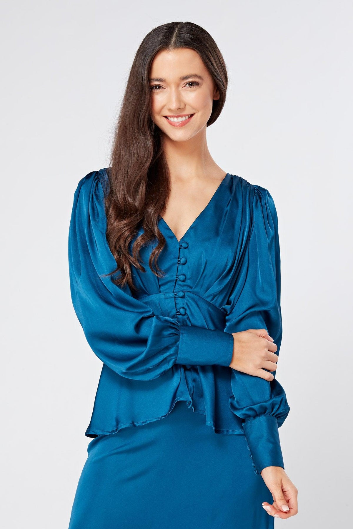 Elisa blue satin buttoned blouse