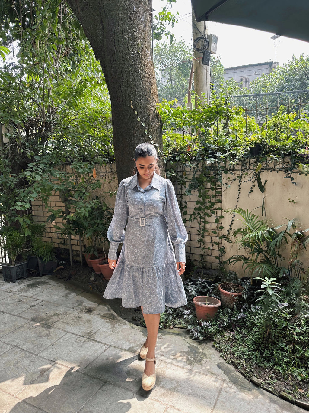 Eleanor Blue Midi Dress With Belted Front