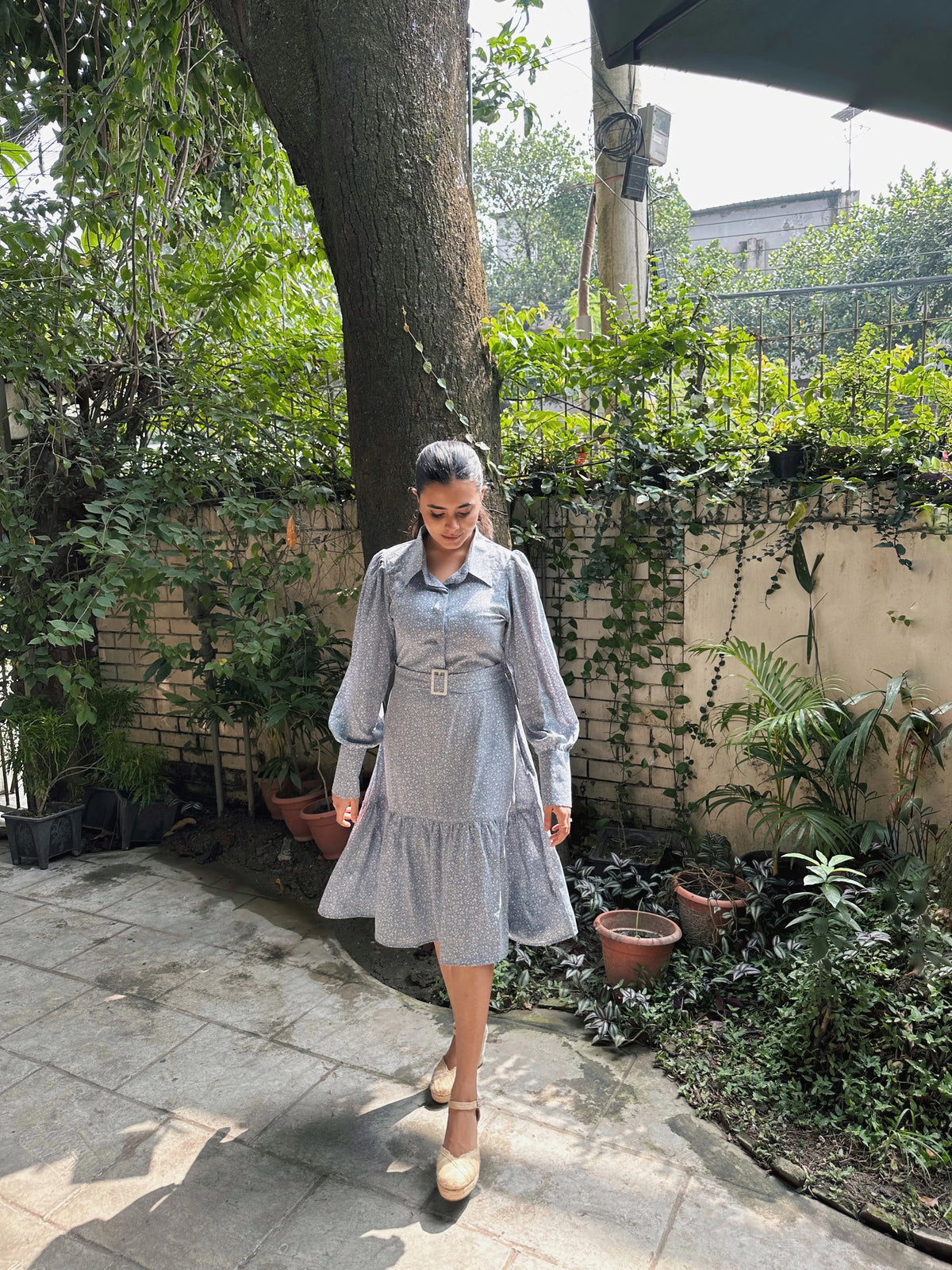 Eleanor Blue Midi Dress With Belted Front