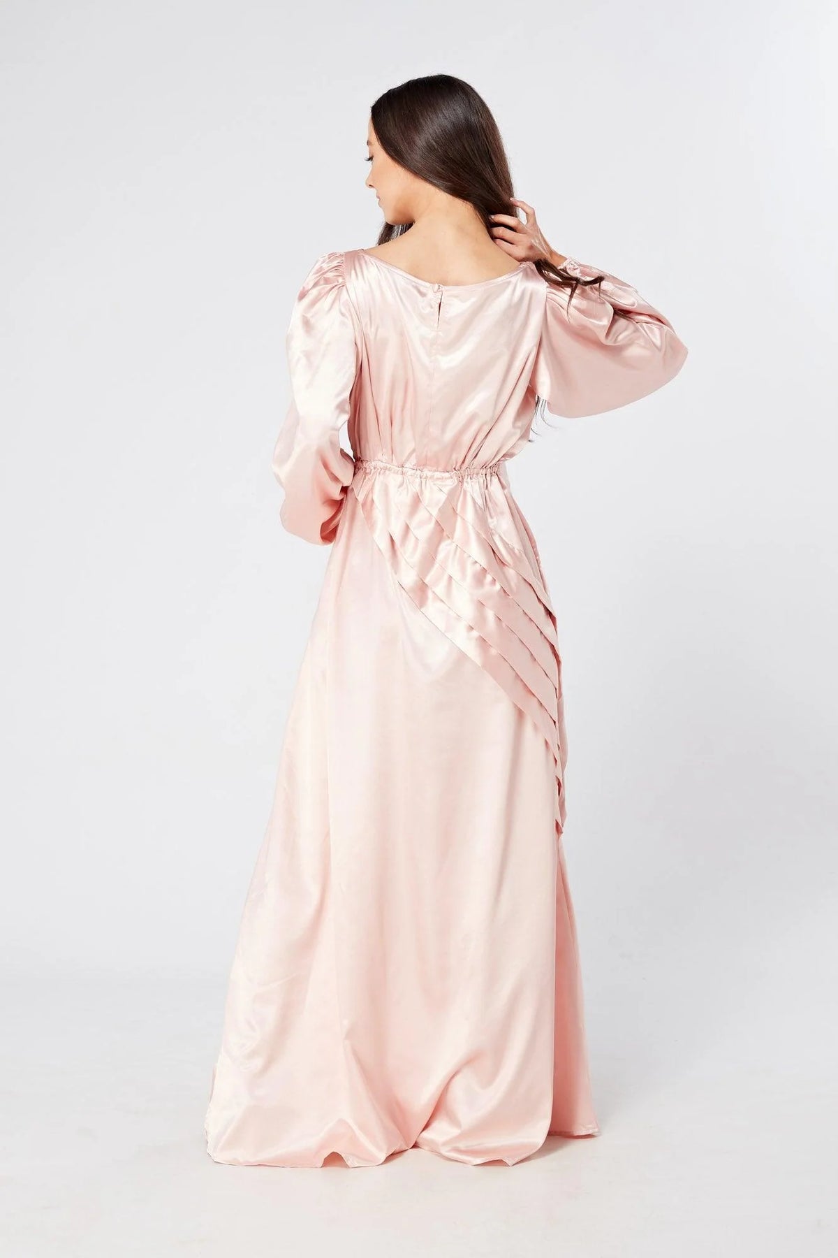 Seraphina Pink Satin Maxi Dress With Long Sleeves