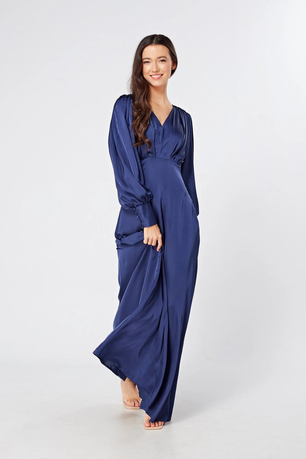 Afina Dark Blue Satin Maxi Dress With Long Sleeves