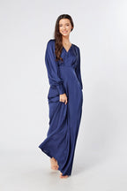 Afina Dark Blue Satin Maxi Dress With Long Sleeves