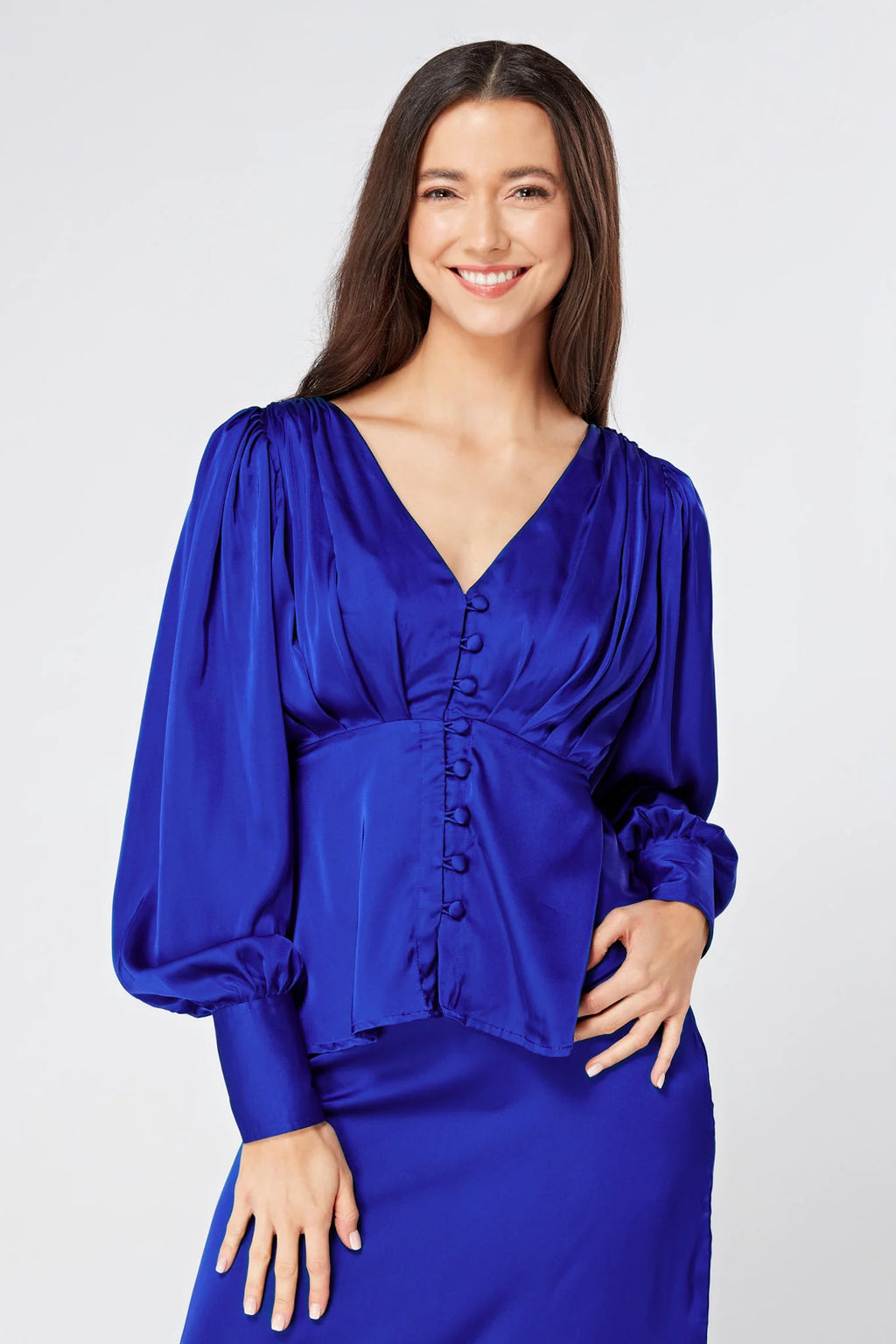 Elisa Cobalt Blue Crepe Satin Buttoned Blouse