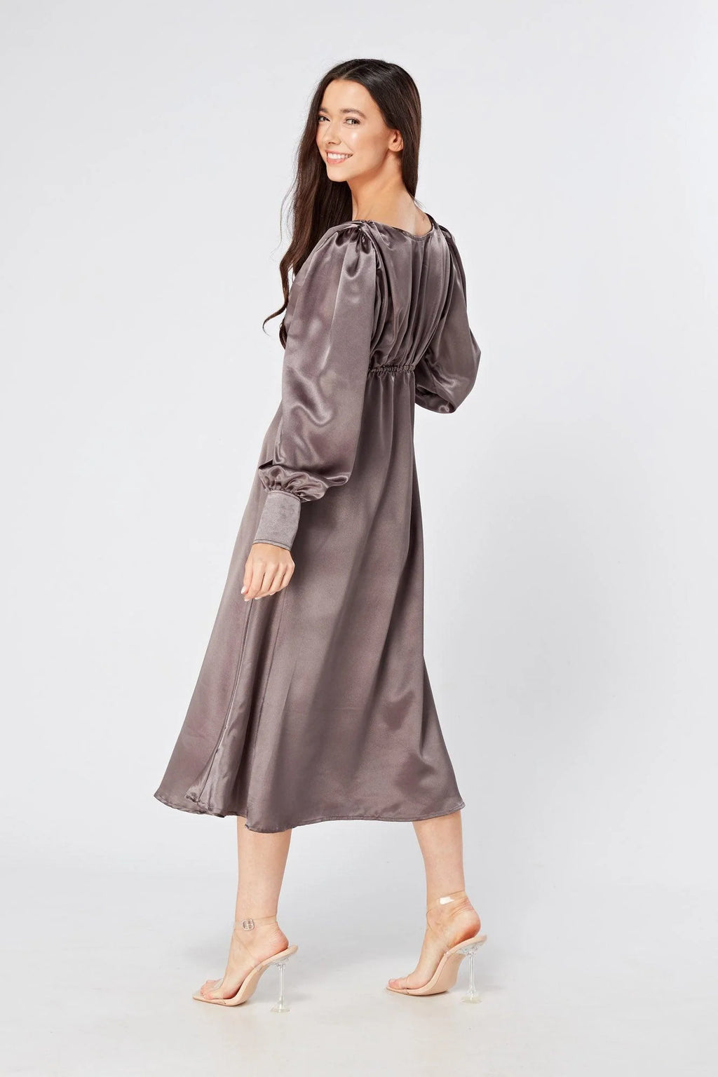 Zara Deep Grey Premium Satin Effect Midi Dress With Long Sleeves