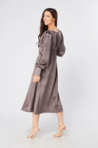 Zara Deep Grey Premium Satin Effect Midi Dress With Long Sleeves