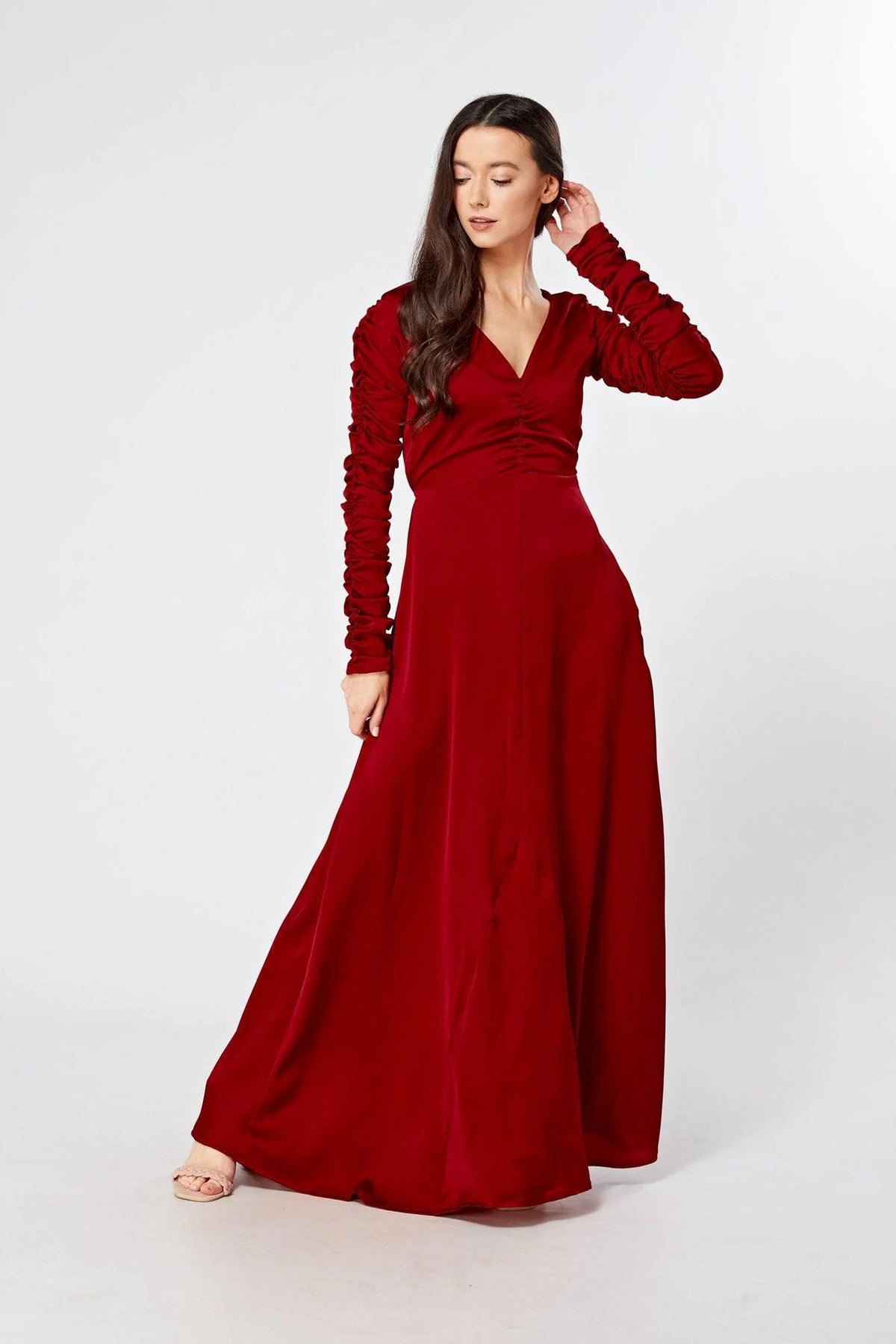 Ella Red Crepe Maxi Dress With Ruched Detail