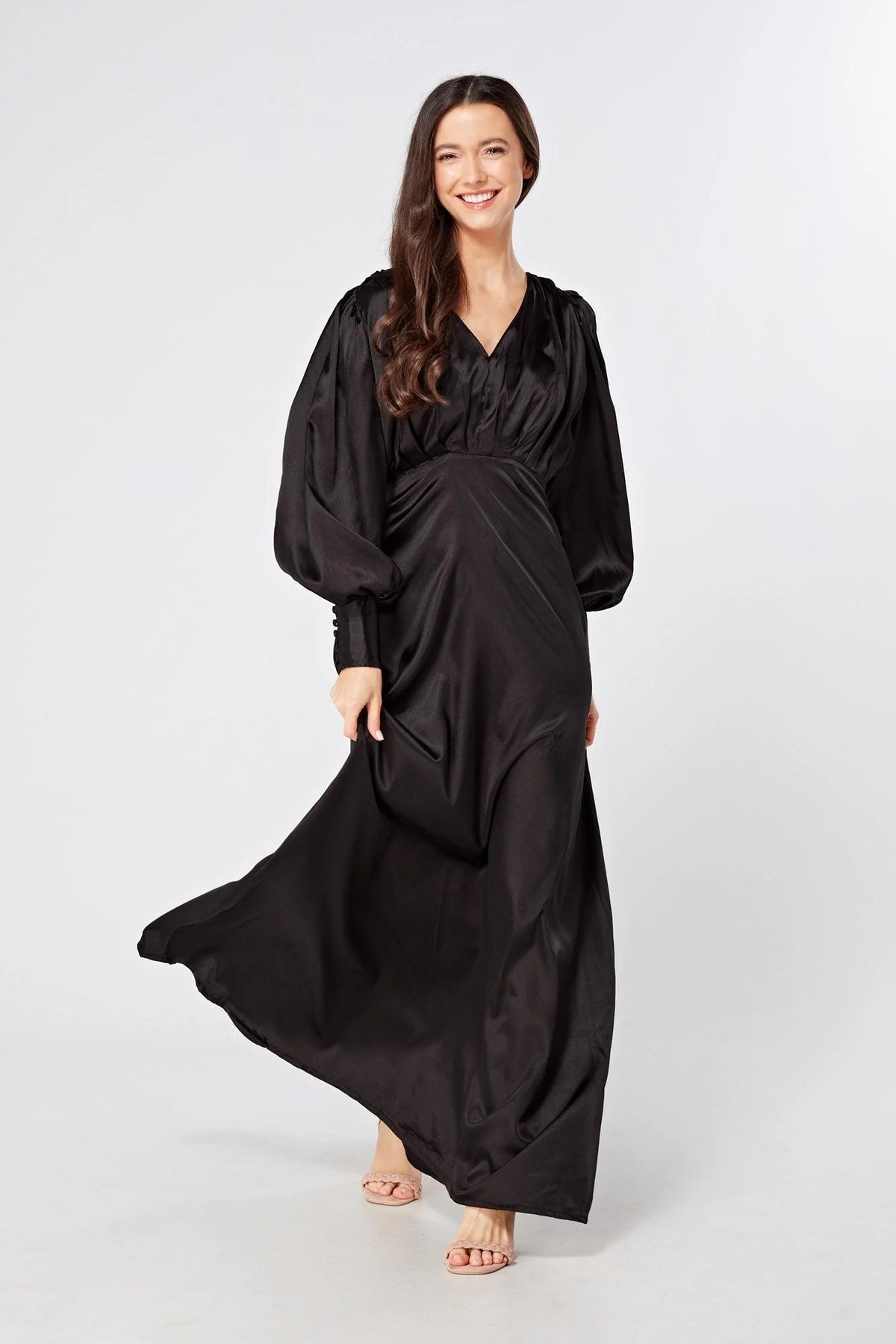 Colette Black Satin Maxi Gown with long sleeves