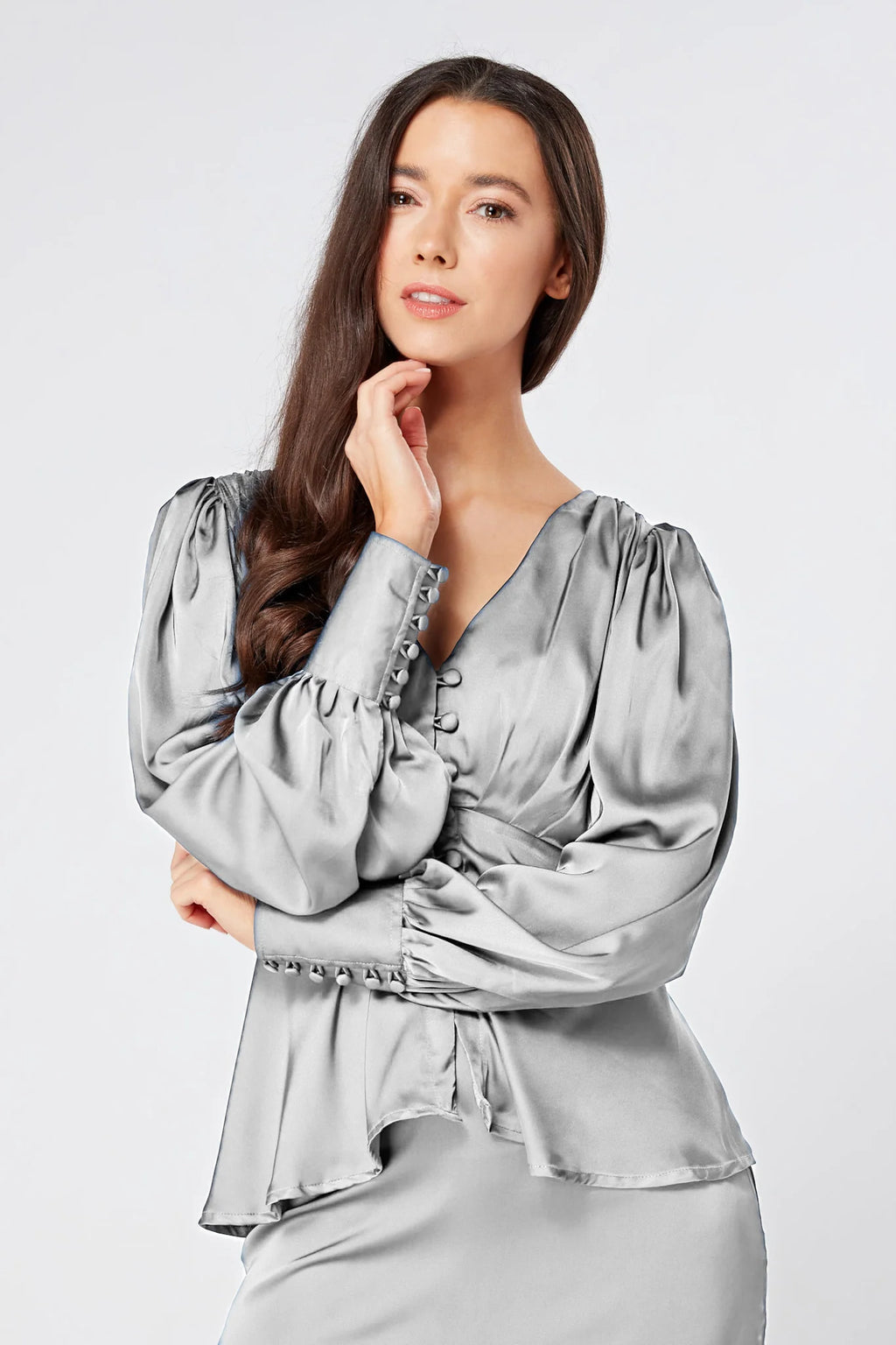 Elisa Silver Crepe Satin Buttoned Blouse