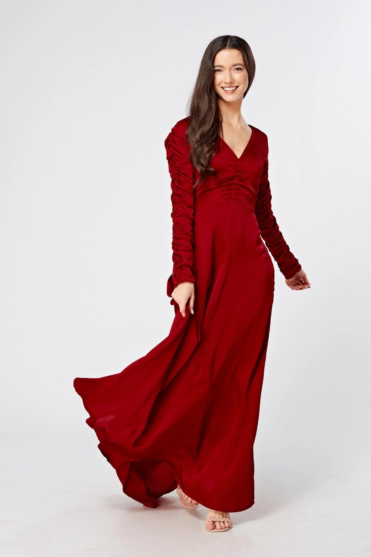 Ella Red Crepe Maxi Dress With Ruched Detail