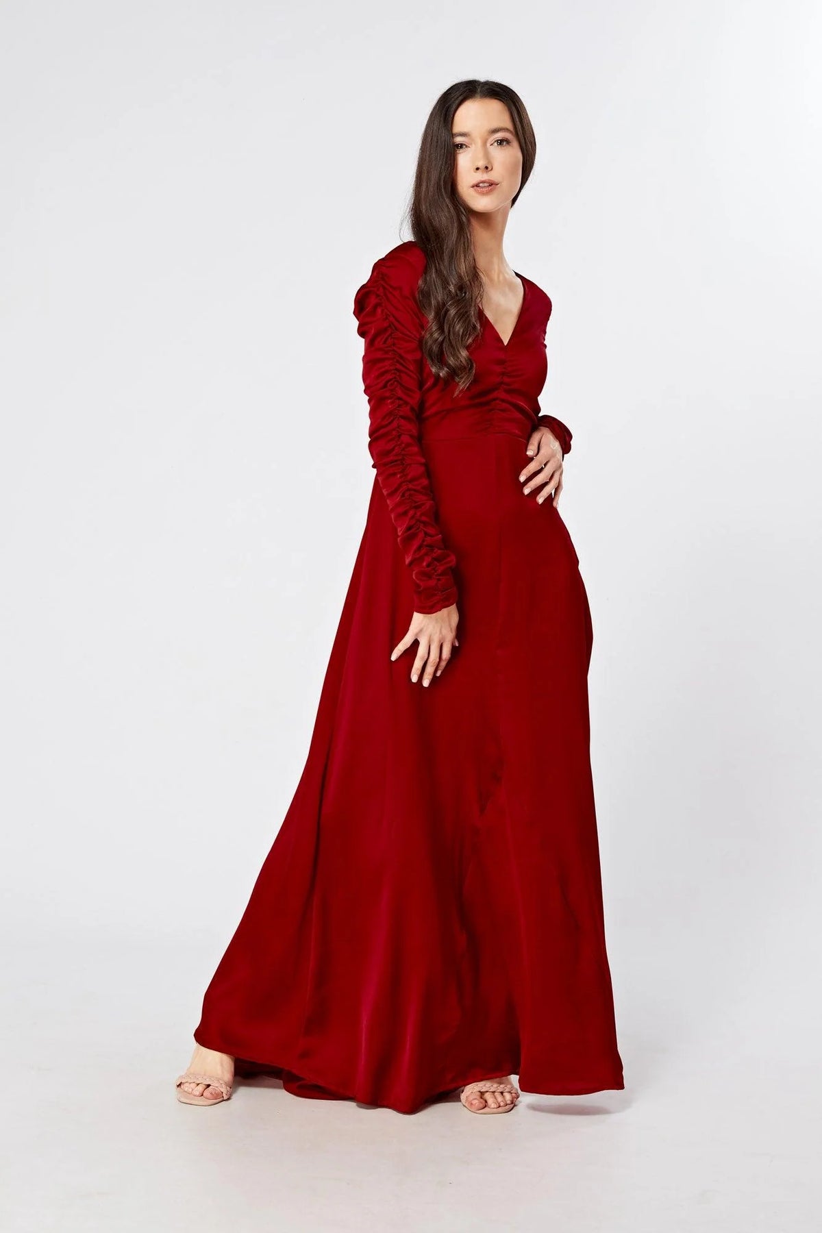 Ella Red Crepe Maxi Dress With Ruched Detail