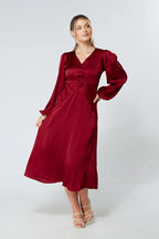 Calissa Deep Red Satin Midaxi Dress