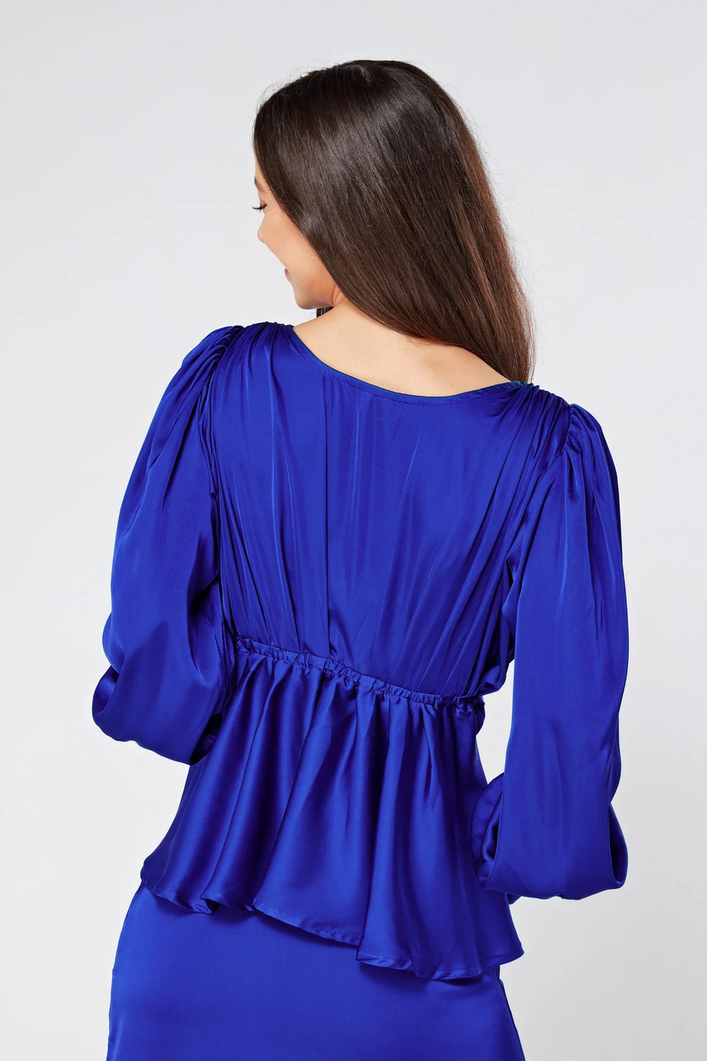 Elisa Cobalt Blue Crepe Satin Buttoned Blouse