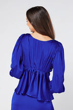 Elisa Cobalt Blue Crepe Satin Buttoned Blouse