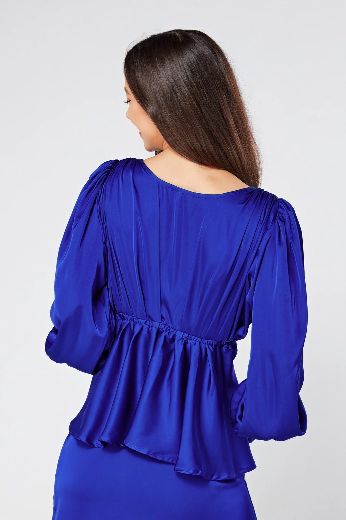 Elisa Cobalt Blue Crepe Satin Buttoned Blouse