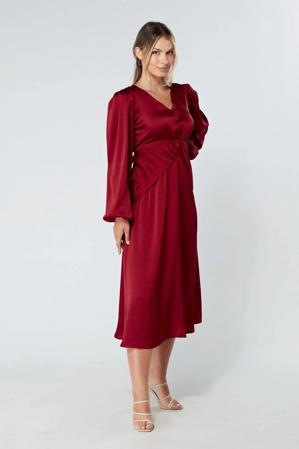 Calissa Deep Red Satin Midaxi Dress