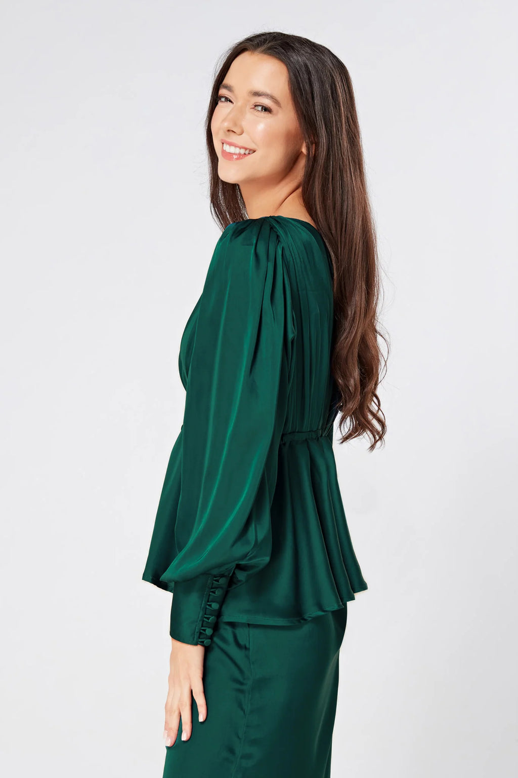 Elisa Dark Green Satin Buttoned Blouse