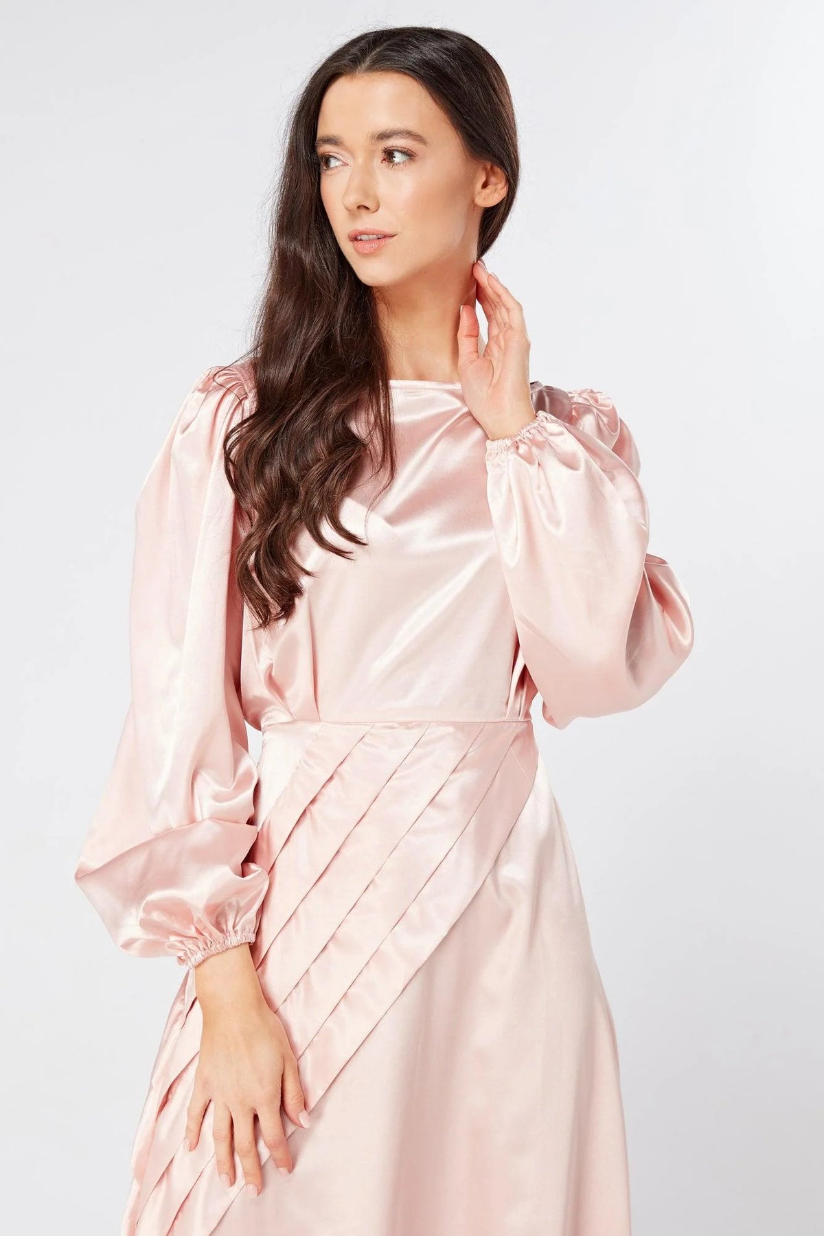 Seraphina Pink Satin Maxi Dress With Long Sleeves