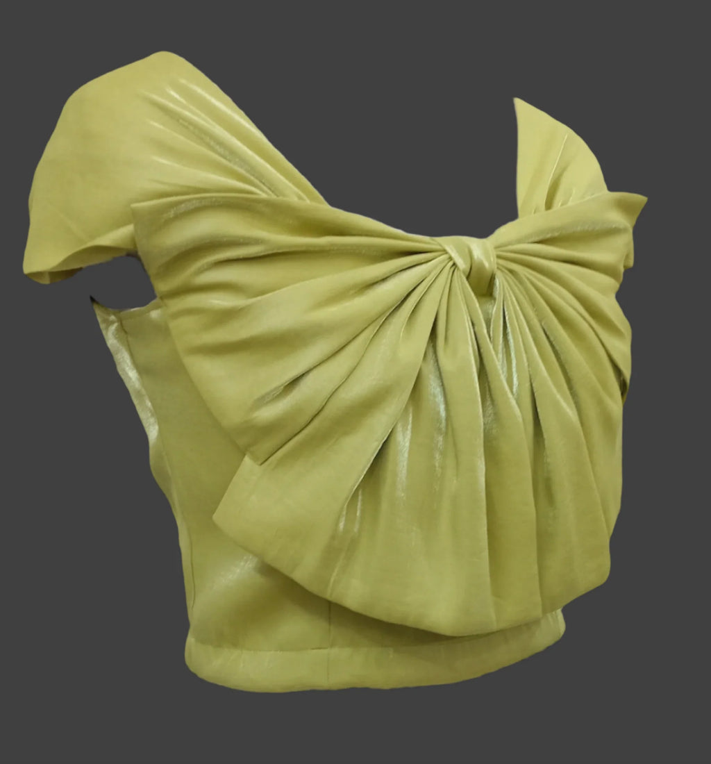 Soomin Shimmery Green Crop Top With Oversized Bow