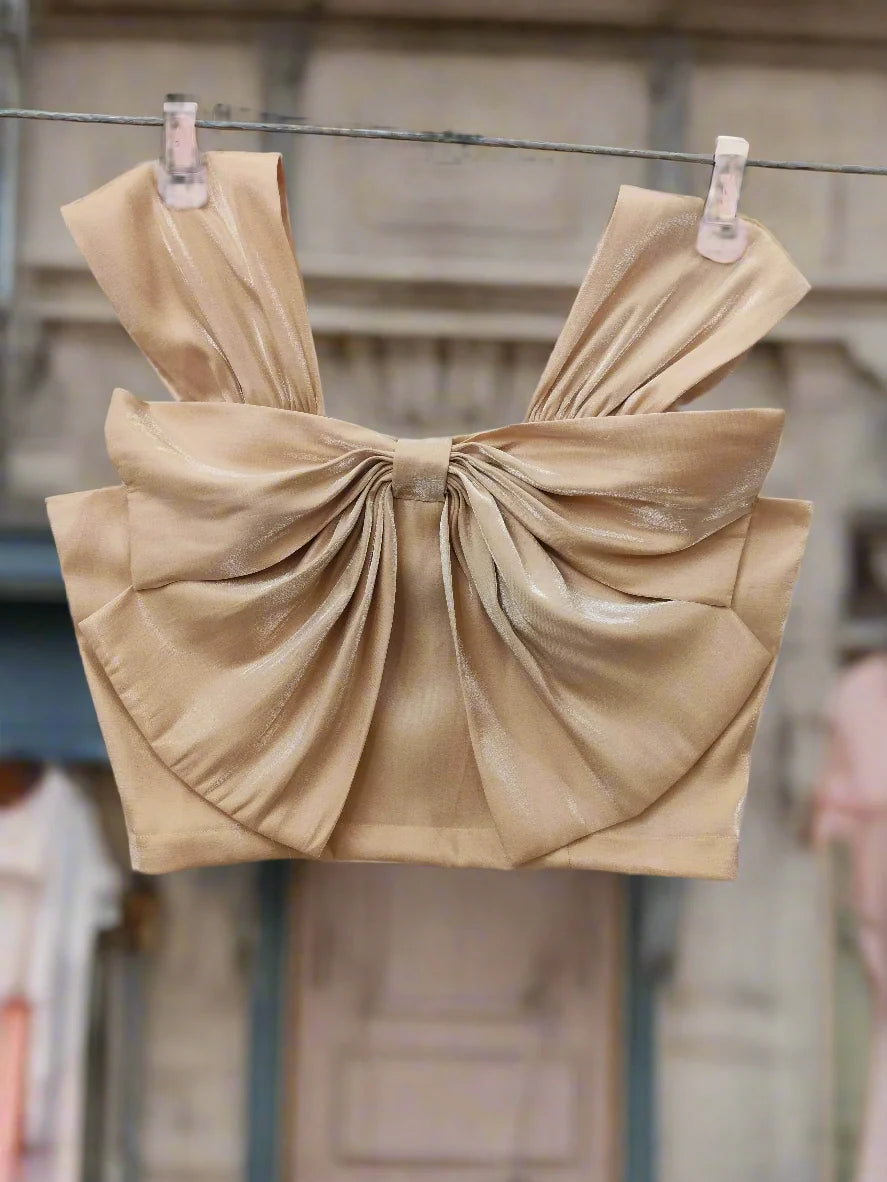 Soomin Shimmery Beige Crop Top With Oversized Bow