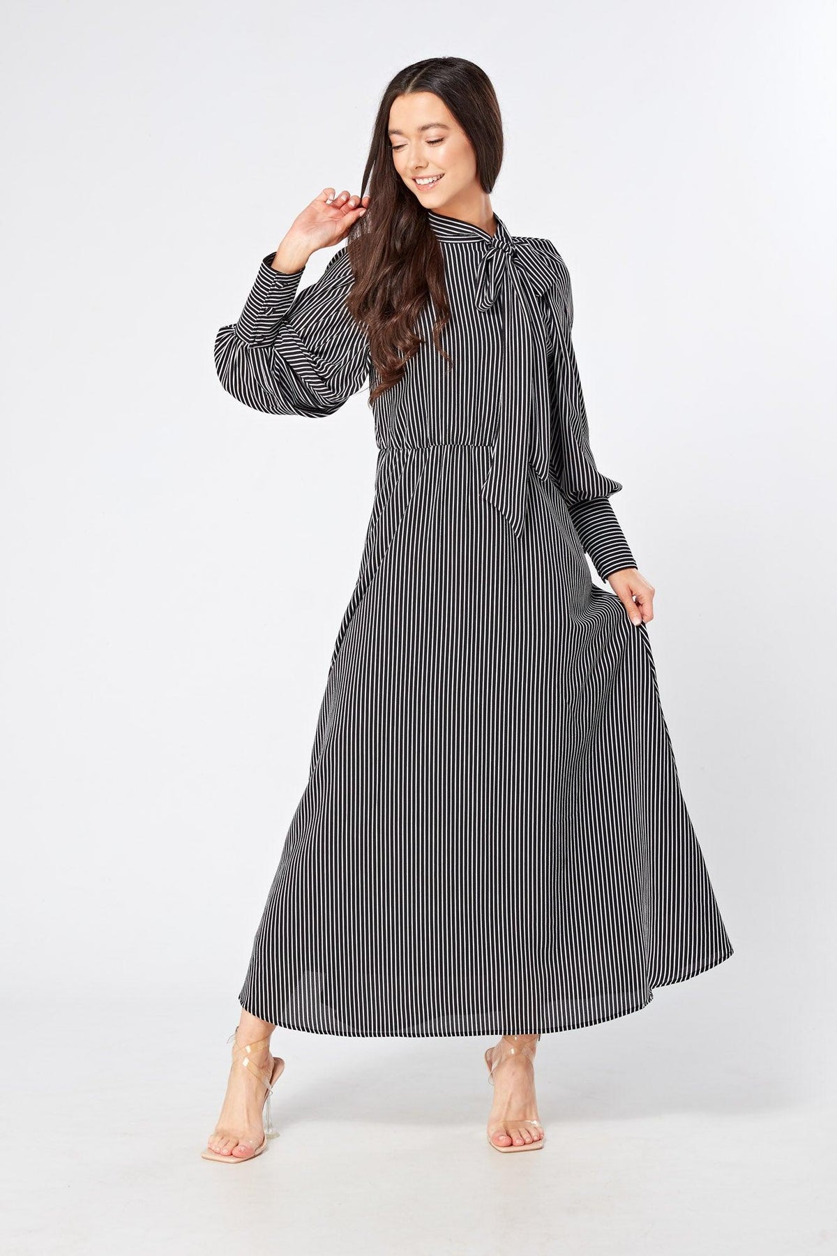 Lilia High Neck Pussybow Black And White Maxi Dress