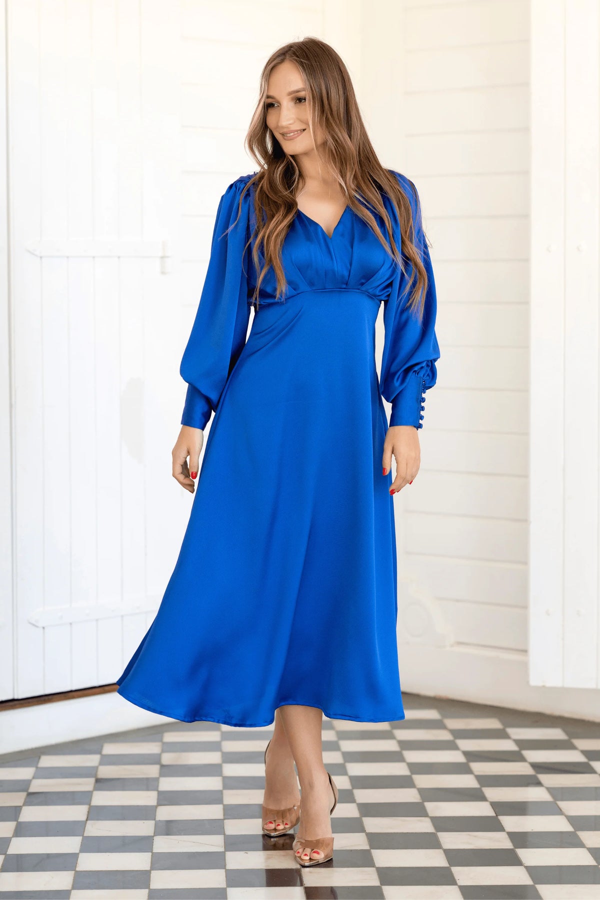 Azurine Cobalt Blue Satin Feel Midi Dress With Long Sleeves