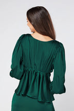 Elisa Dark Green Satin Buttoned Blouse
