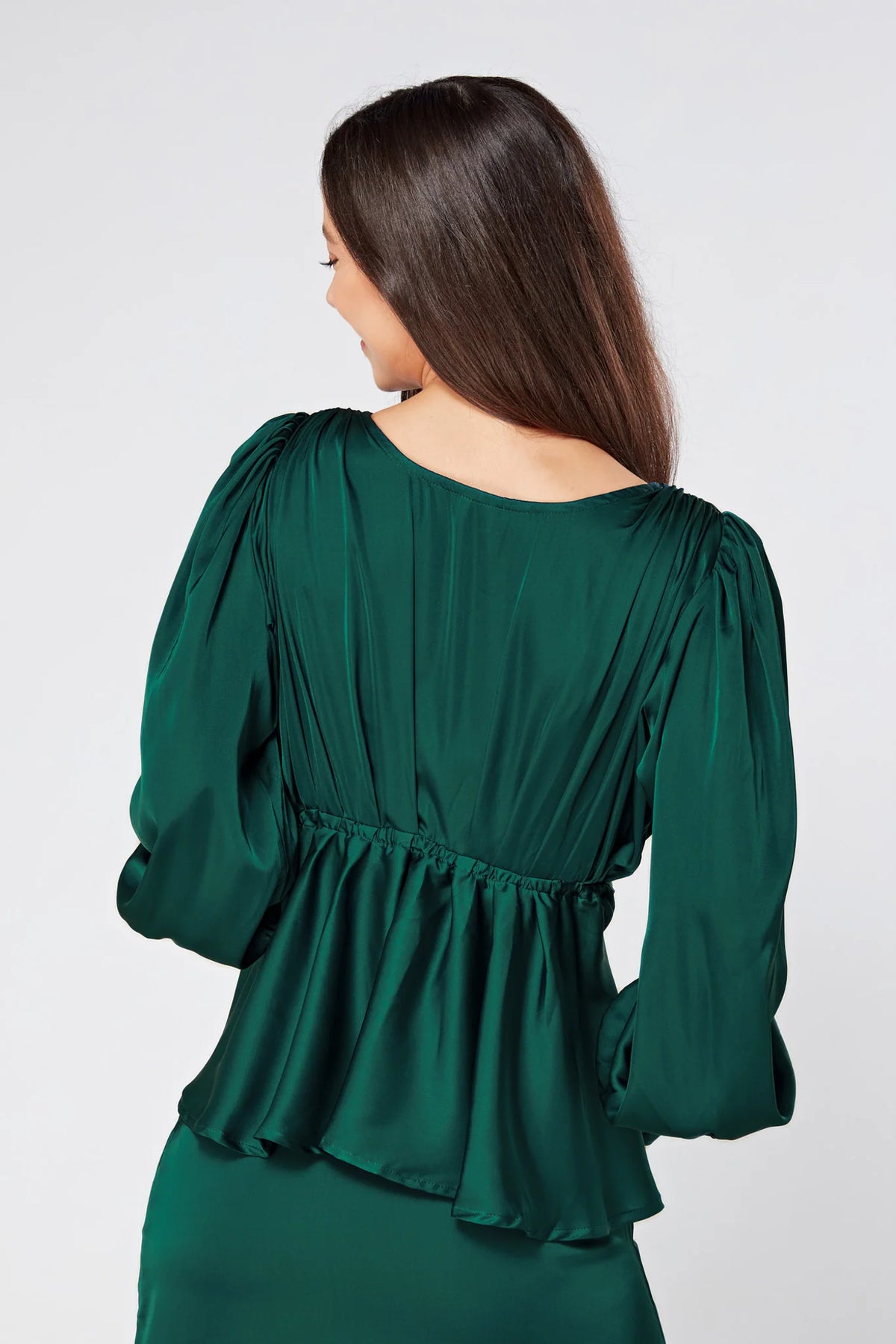 Elisa Dark Green Satin Buttoned Blouse