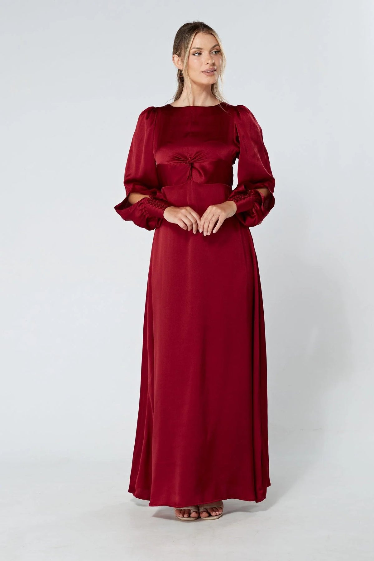 Lila Deep Red Knotted Front Soft Crepe Maxi Dress