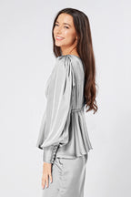 Elisa Silver Crepe Satin Buttoned Blouse